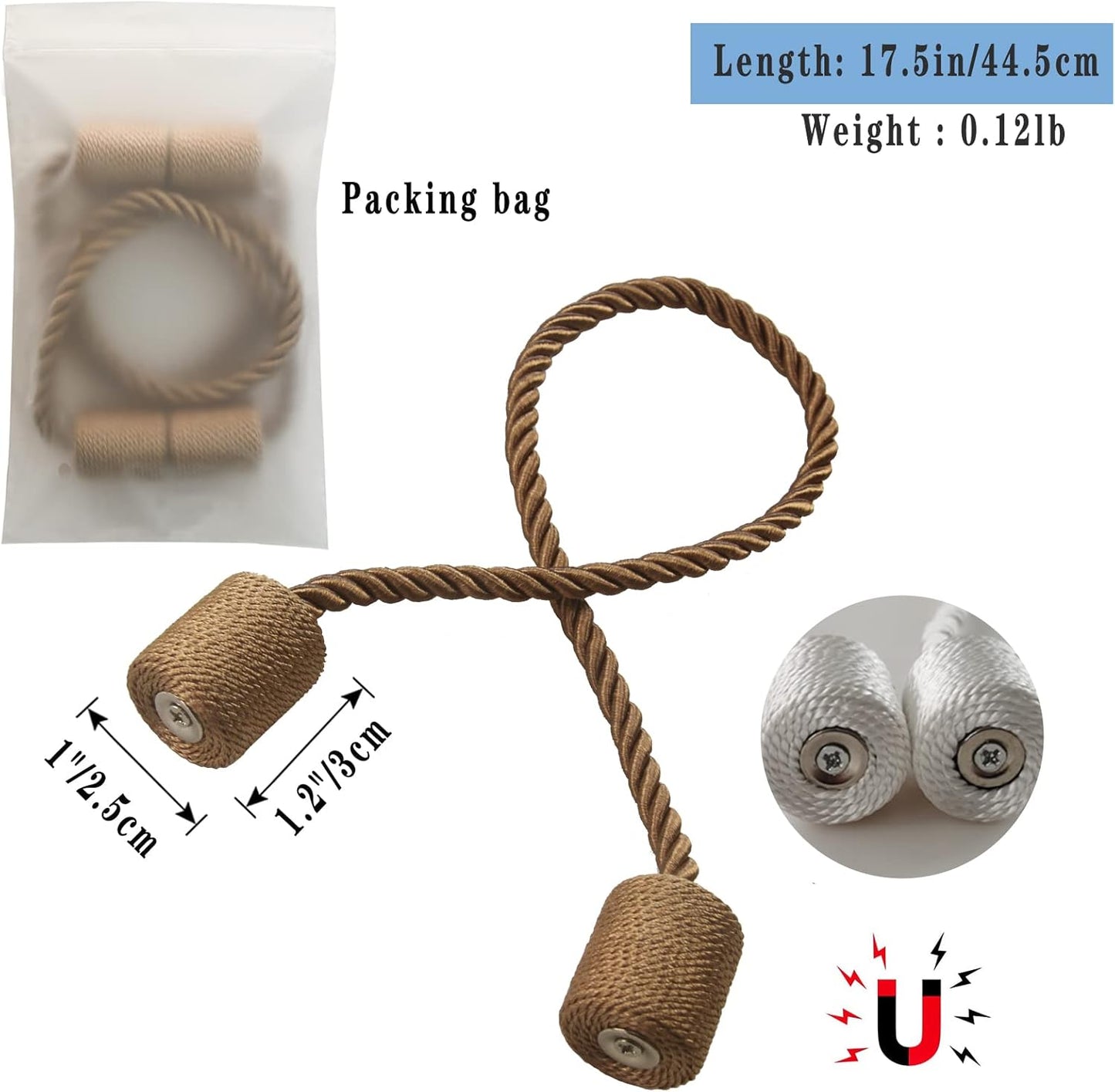 Magnetic Curtain Tiebacks 6 Pack Khaki Curtain Rope Tieback Curtain Holders for Drapes Modern Tie Backs Decorative Curtain Holdbacks