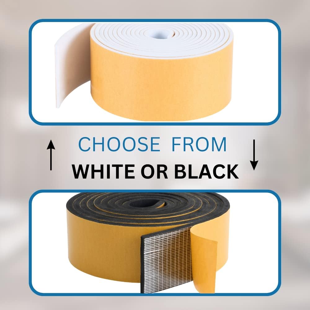 High Density Foam Weather Stripping Door Seal Strip Insulation Tape Roll for Insulating Door Frame, Window, Air Conditioner | Self Adhesive Sealing Weatherstrip (2 in x 1/16 in x 10 Ft, White)