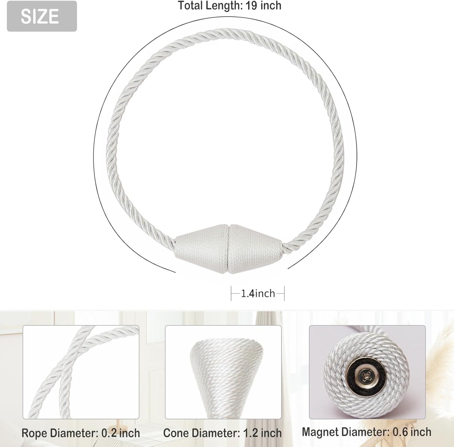 Magnetic Curtain Tiebacks 8 Pack Outdoor Rope Curtain Tie Backs Decorative Window Treatment Holdbacks for Home Decorative Curtain, White