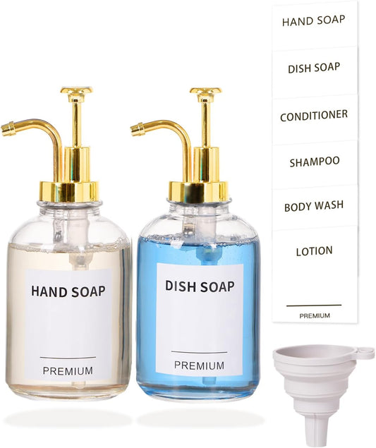 12oz Dish Soap Dispenser for Kitchen, Hand Glass Soap Dispenser Set with Pump, Tray, Funnel for Bathroom, Shower, Laundry, Liquid, Lotion (Gold 2 Pack Clear Bottles with 12 Stickers)