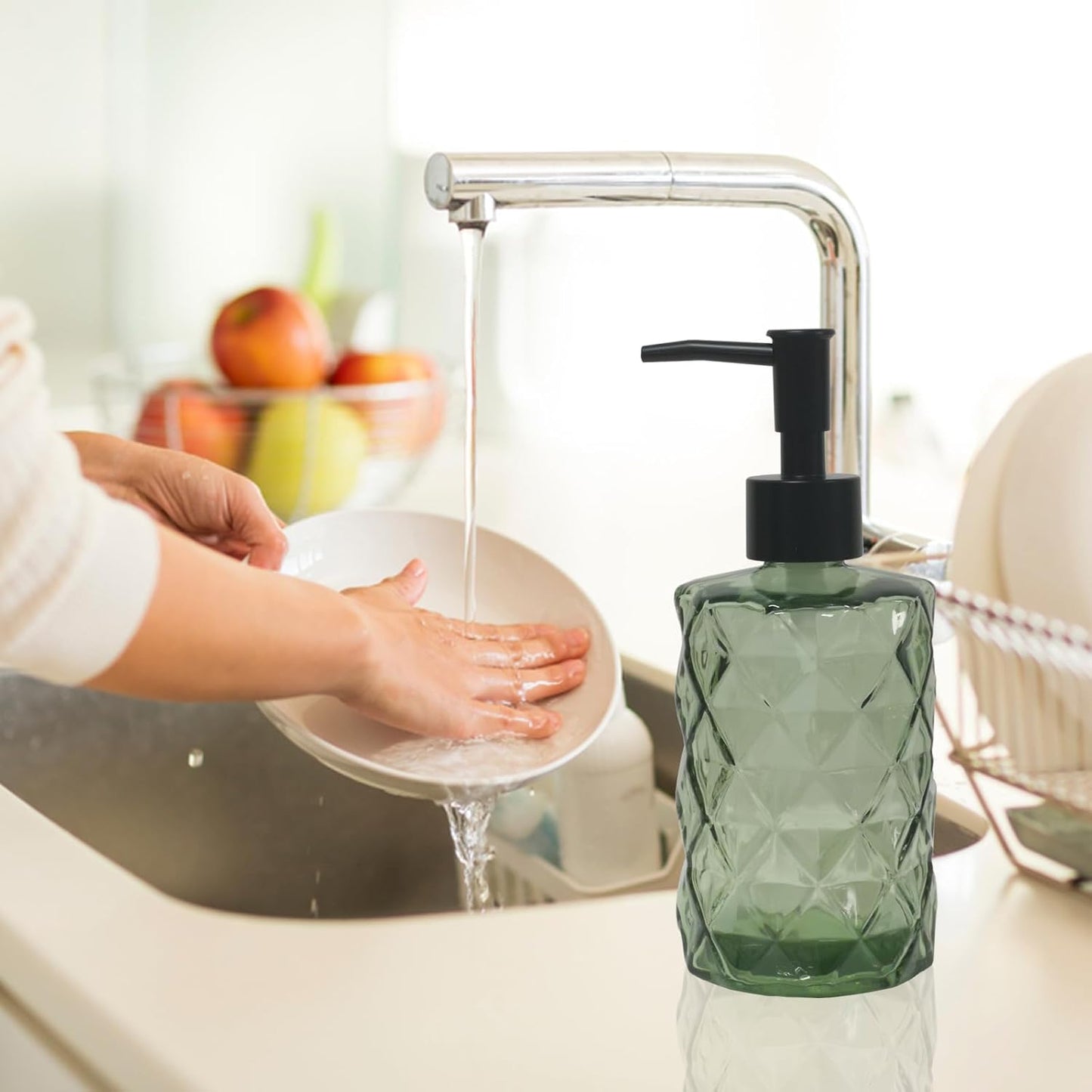 Green Glass Soap Dispenser, 12oz Bathroom Hand Dispenser, Lotion Dispenser with Black Plastic Pump for Modern Home Decor, Kitchen Countertop, Hotel