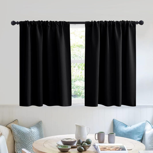 RYB HOME Short Kitchen Window Curtains 30 inches, Blackout Curtains for Girls Bedroom Heavy Duty Privacy Draperies for Camper RV Bathroom, W42 x L 30 inches, Black, 2 Panels