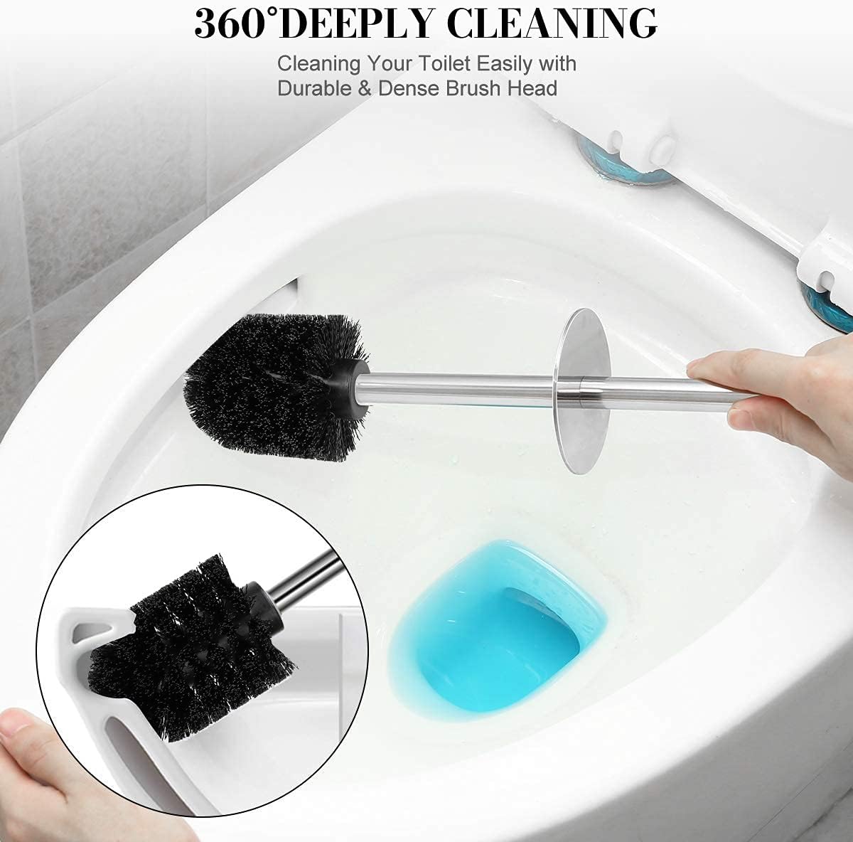 Toilet Brush and Holder, 2 Pack Toilet Brush with 304 Stainless Steel Long Handle, Toilet Bowl Brush for Bathroom Toilet-Ergonomic, Elegant,Durable (Blue)
