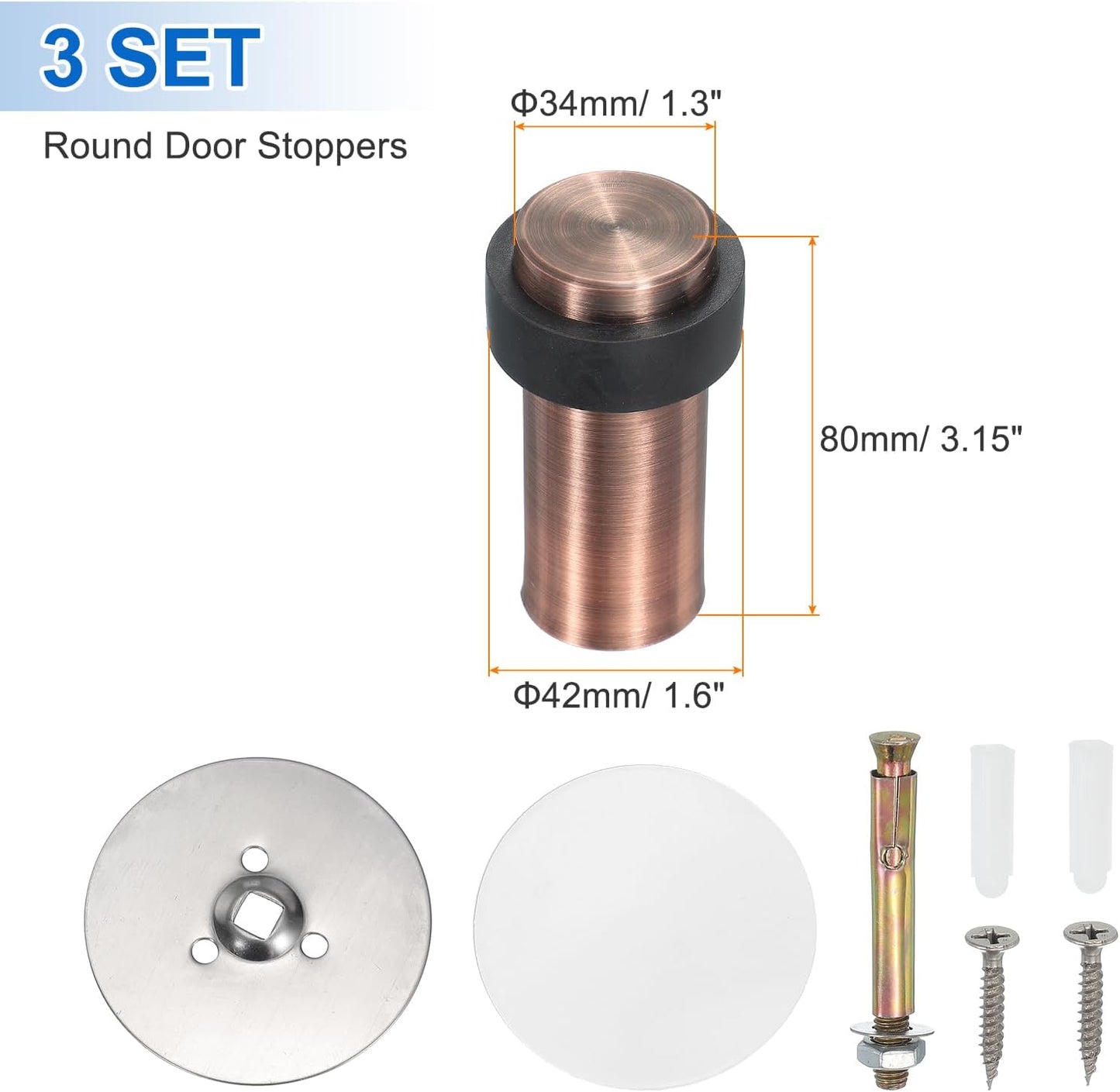 PATIKIL 3Set Round Door Stoppers, 80mm Stainless Steel Door Stop Doorstop Wedge Metal Cylinder Self Adhesive with Screw for Bottom of Door Floor Inside, Copper Tone