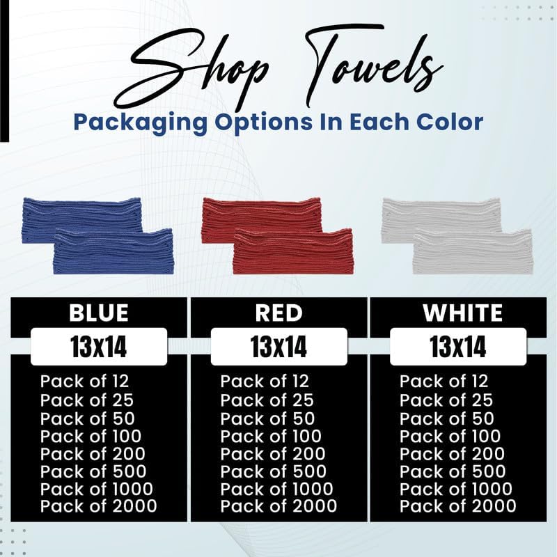 Shop Towels (White, 25-Pack) - Bulk Cleaning Towel in a Bag, Mechanic Cotton Wipes for Car Maintenance, Auto Mechanics & Garage, Wipe Grease & Oil, Machine Wash & Reusable