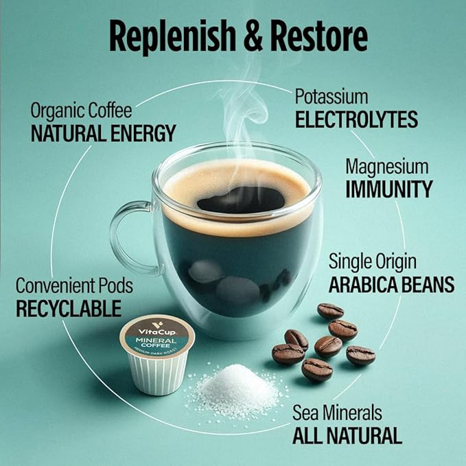 VitaCup Mineral Coffee Pods with Trace Minerals, Hydrate, Replenish & Restore, Sea Minerals, Electrolytes, Organic Coffee, Medium Dark Roast, Single Serve Pod Compatible with Keurig K-Cup Brewers,32Ct