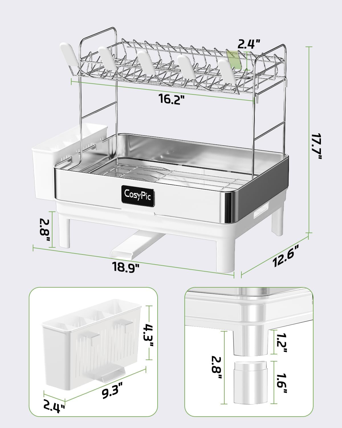 2 Tier Dish Drying Rack, Thicker Premium 304 Stainless Steel Dish Racks for Kitchen Counter, Automatic Drainage Spout, Dish Drainer & Drainboard Set with Utensil Holder and Cup Holder, White