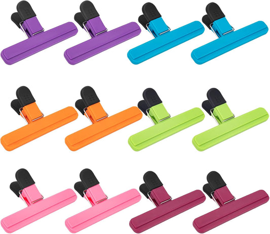 OWLKELA Chip Clip, 12 Pack Colors Wide Open Bag Clips for Food Storage, Heavy Duty Seal Grips Plastic Food Clips for Snack, Food Packages (6 inch x 3.4 inch)