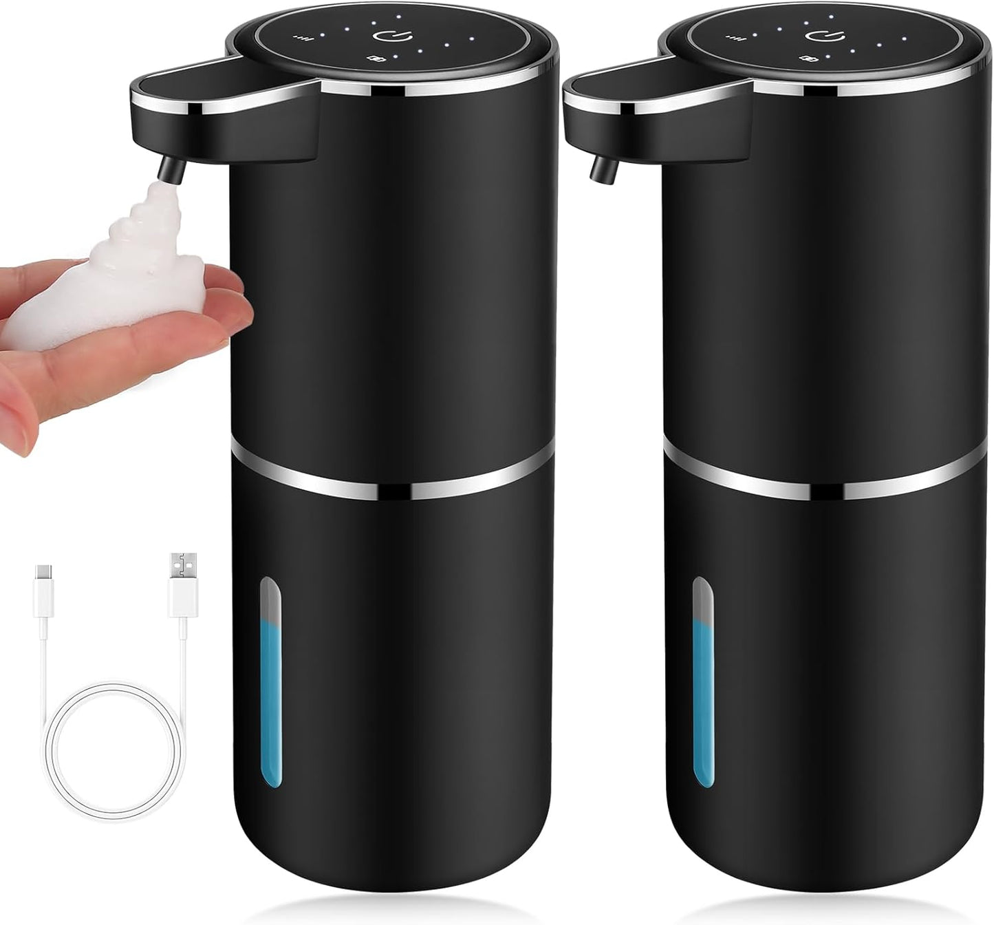 2 Pack Automatic Soap Dispensers,12.8oz/380ml USB Touchless Automatic Foaming Soap Dispenser,Rechargeabled Wall Mounted Smart Soap Dispenser for Bathroom Kitchen Dish Soap(Black)