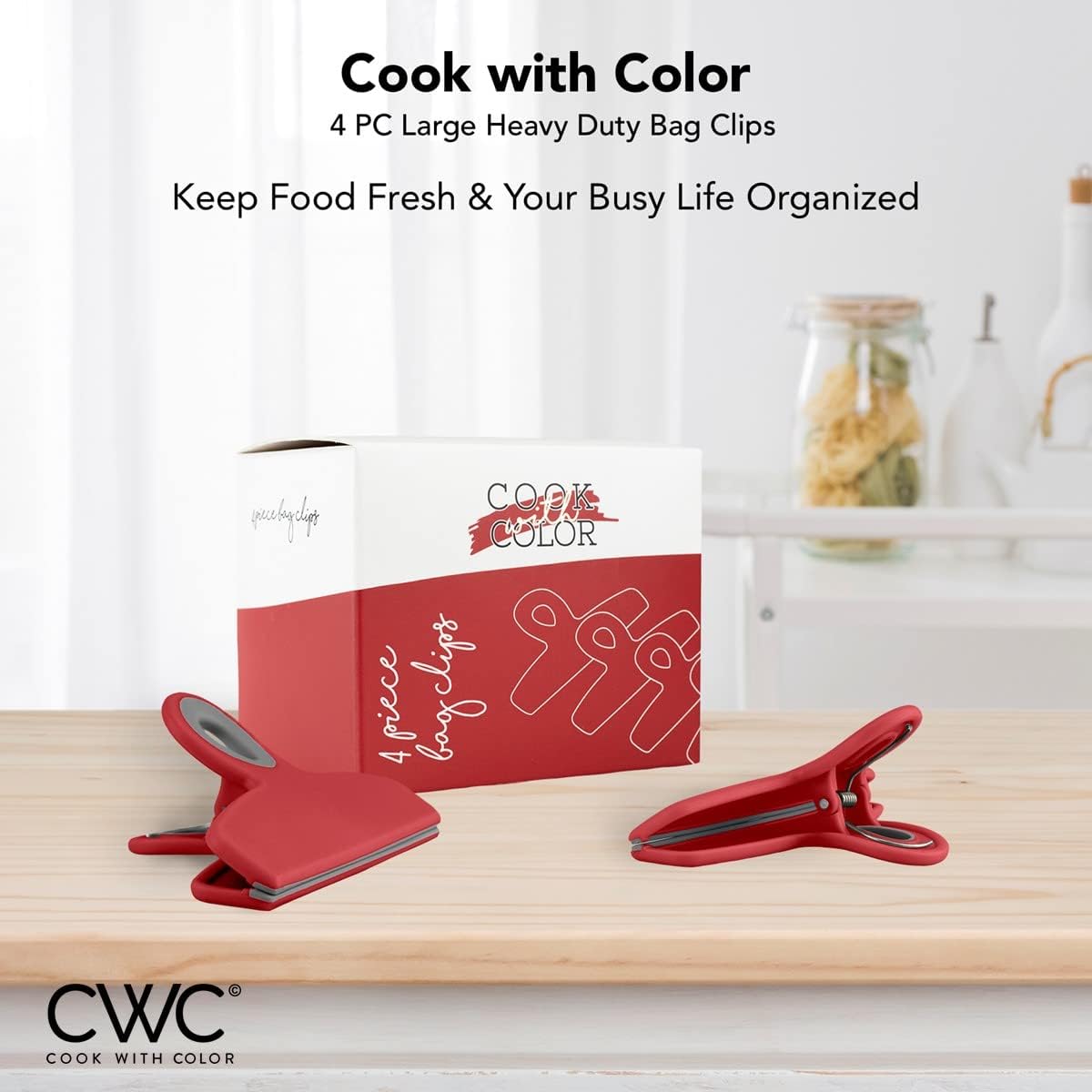 COOK WITH COLOR Bag Clips - Heavy Duty Chip Clip and Refrigerator Magnet Clips for Food Storage with Air Tight Seal Grip, Red, Pack of 4 Large Clips