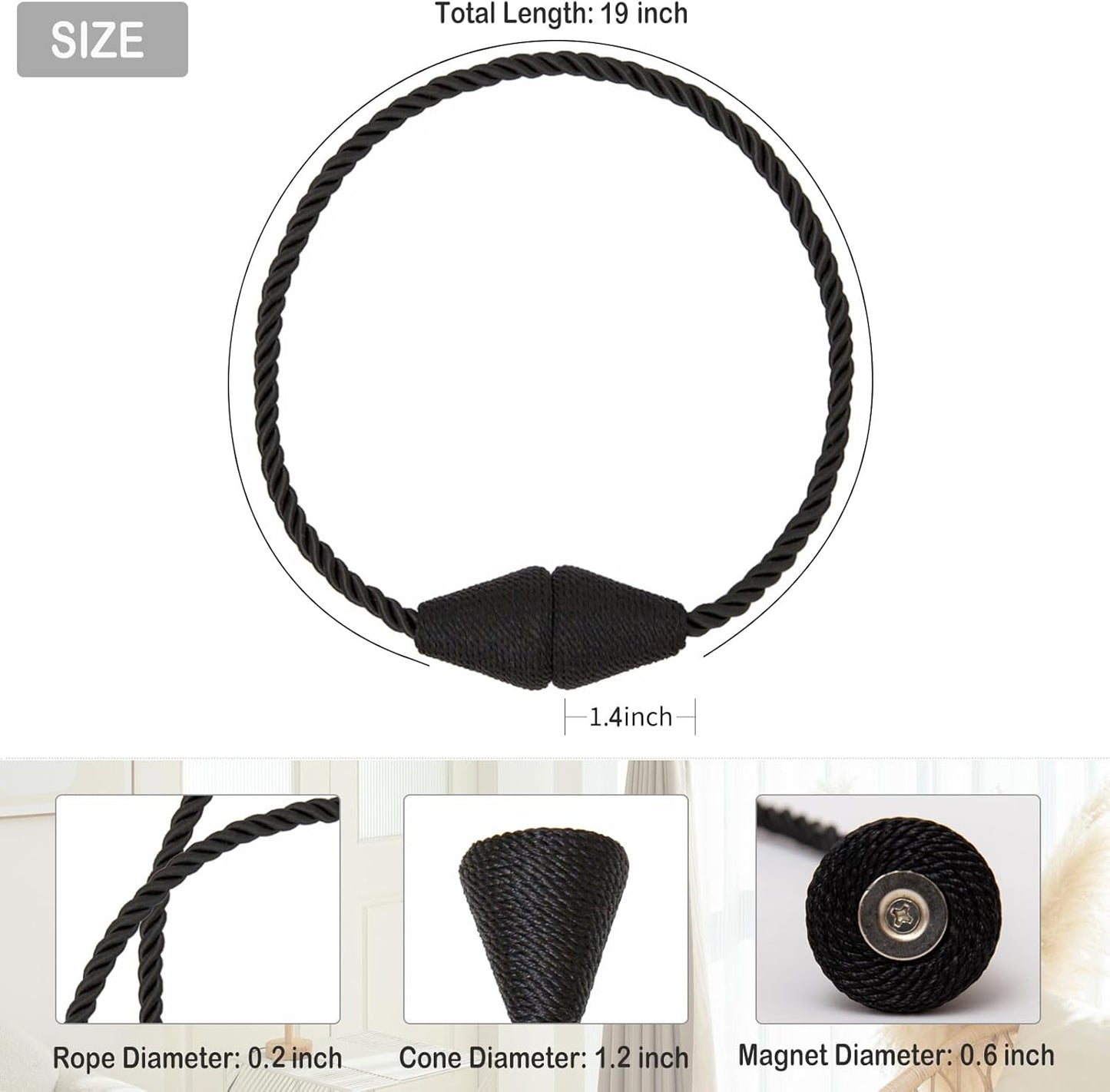 Magnetic Curtain Tiebacks 6 Pack Outdoor Rope Curtain Tie Backs Decorative Window Treatment Holdbacks for Home Decorative Curtain, Black