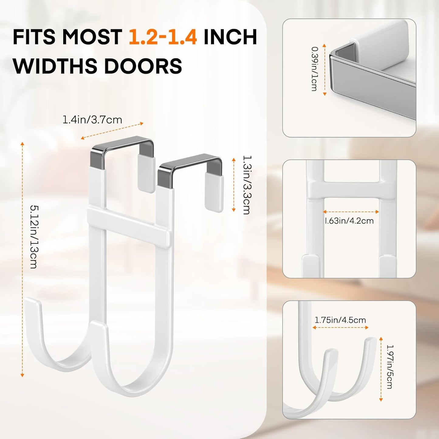 FYY Over The Door Hooks - 4 Pack Heavy Duty Dual-Hook Organizer Hanger with Non-Slip Rubber for Towels, Clothes, Hats & Bags Use in Bathroom, Bedroom, Kitchen - Fits Interior Doors Up to 1 3/8" White