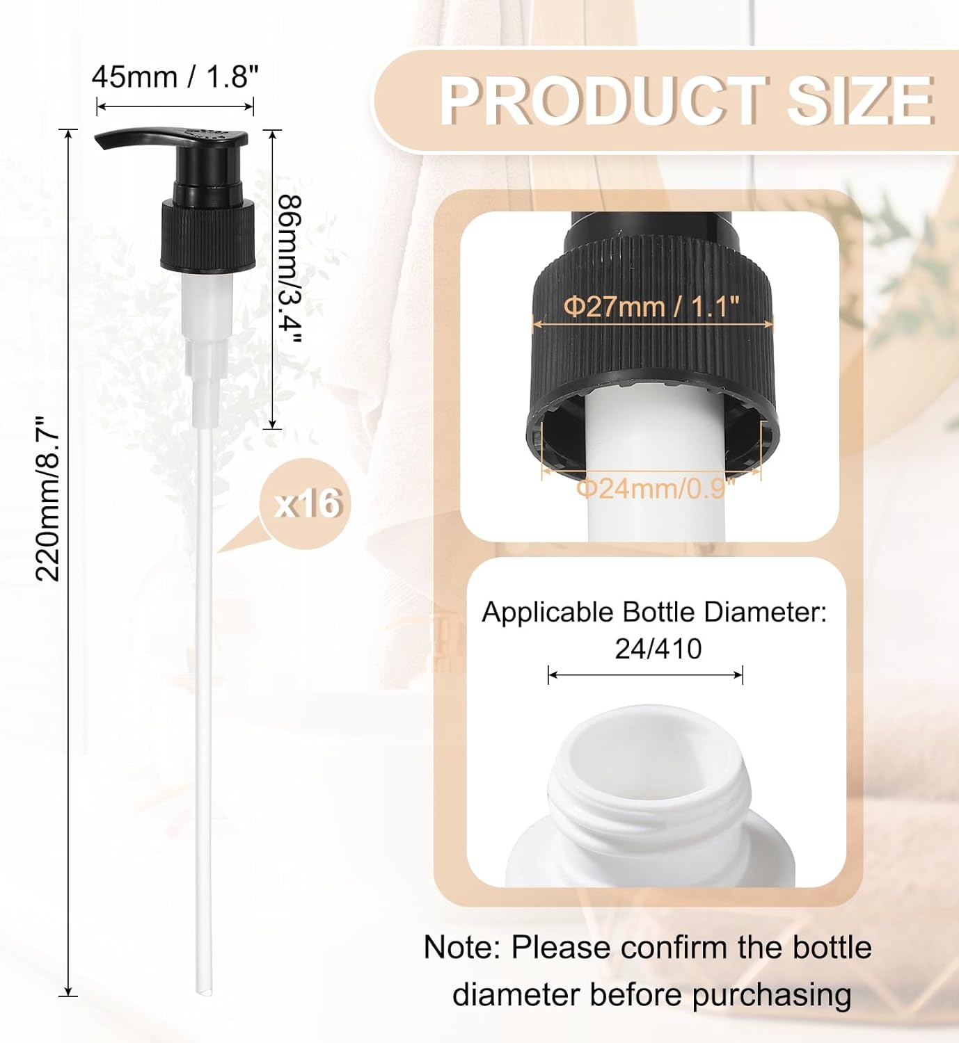 uxcell 16 Pcs Soap Dispenser Pump Heads Soap Dispensers Top Pumps Replacement Switch Pumphead for Standard 24/416 Neck Size Lotion Shampoo Bottle, Black