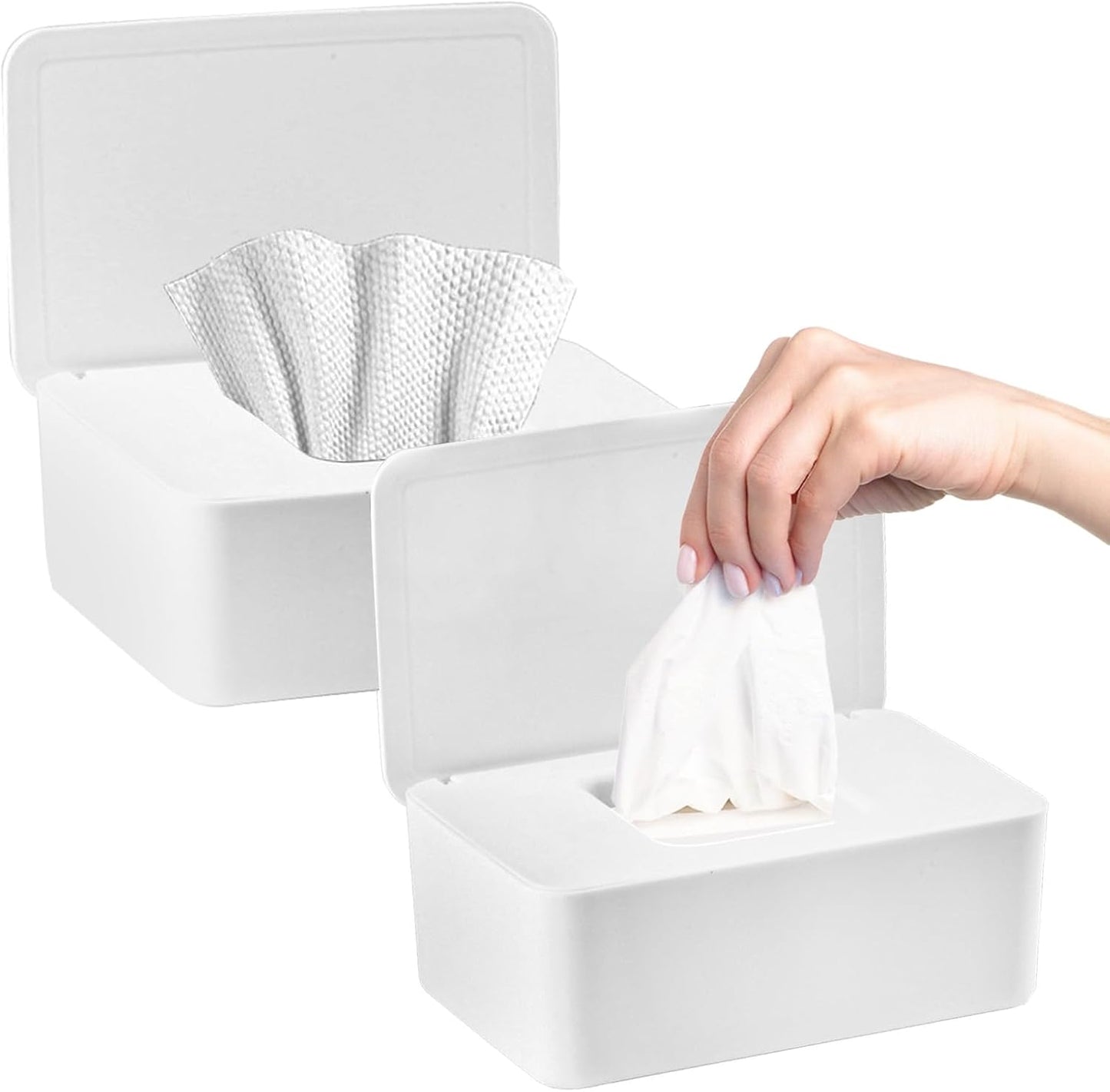 2Pcs Diaper Wipes Dispenser, Refillable Wipe Container, Wipe Container with Sealing Design Lid, Keep Wipes Fresh,Wet Wipes Cases (White and White)