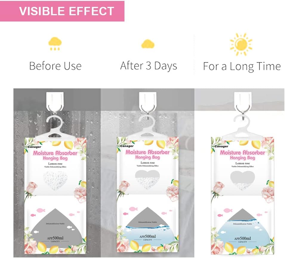 CANAGER Hanging Moisture Absorber, Lemon Rose Moistureproof Hanging Bag，Dehumidifier Bag (8 packs) Hanging Closet Dehumidifier Bags, Moisture Absorb 12.5 oz