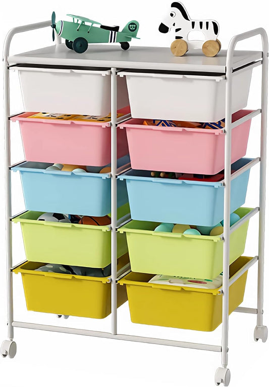 10 Drawers Rolling Storage Cart, Plastic Drawer Cart with Metal Frame, Multipurpose Art Craft Cart Organizer with Wheels, Utility Cart with Drawers for Home, Office, School, Multicolor