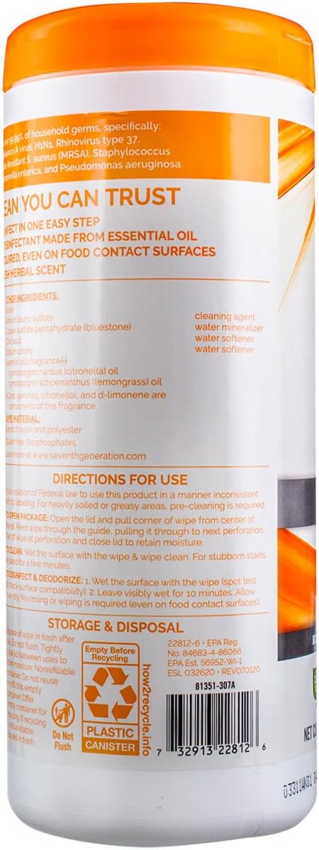 Seventh Generation Multi-Surface Disinfecting Wipes, Lemongrass Citrus, 8.1 oz, 35 Ct