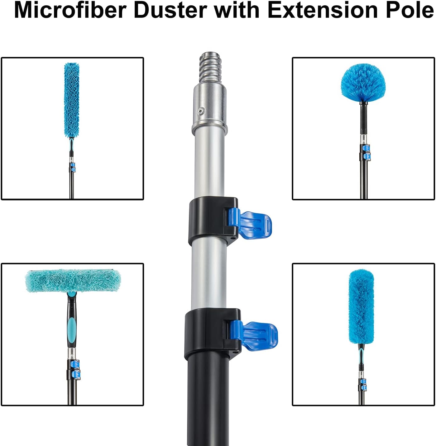 25 Foot High Ceiling Fan Duster with 6-18 Foot Extension Pole, Extendable Reusable Cobweb, Feather, Window Cleaning Squeegee Kit