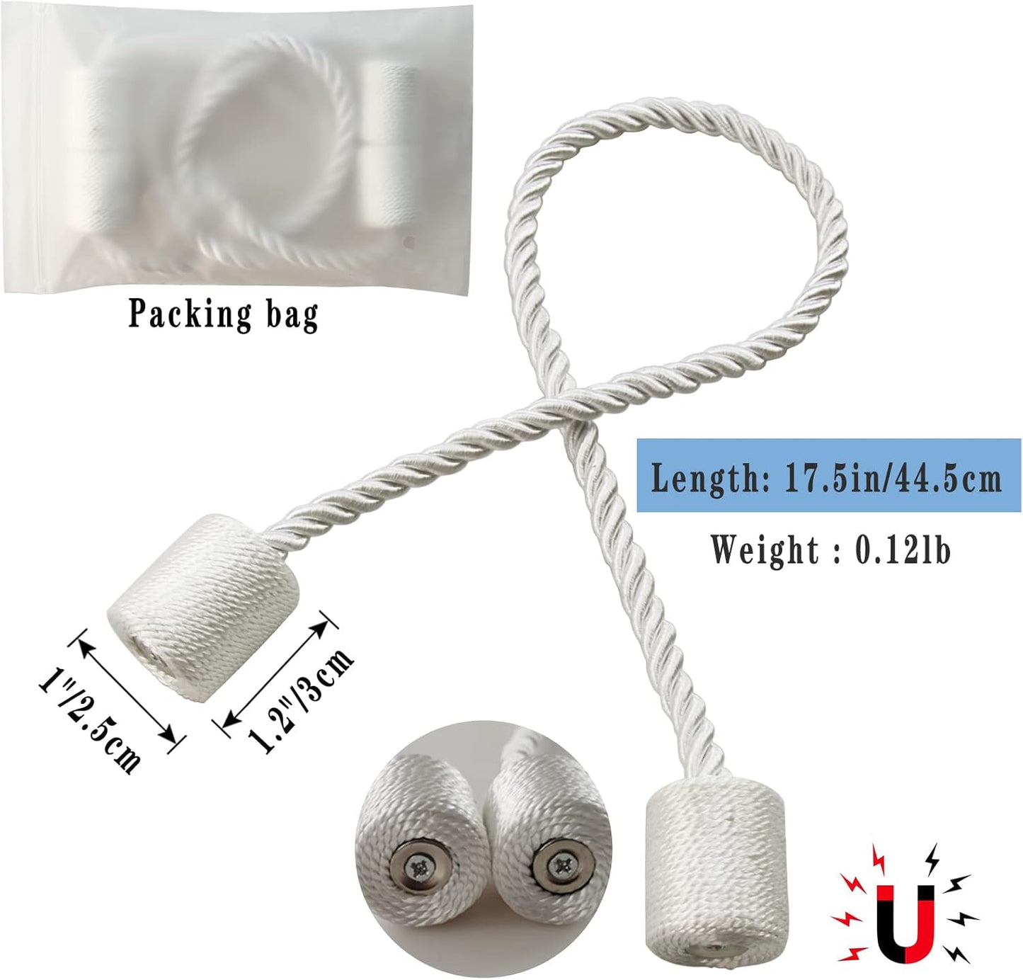 Magnetic Curtain Tiebacks 4 Pack White Curtain Rope Tieback Curtain Holders for Drapes Modern Tie Backs Decorative Curtain Holdbacks