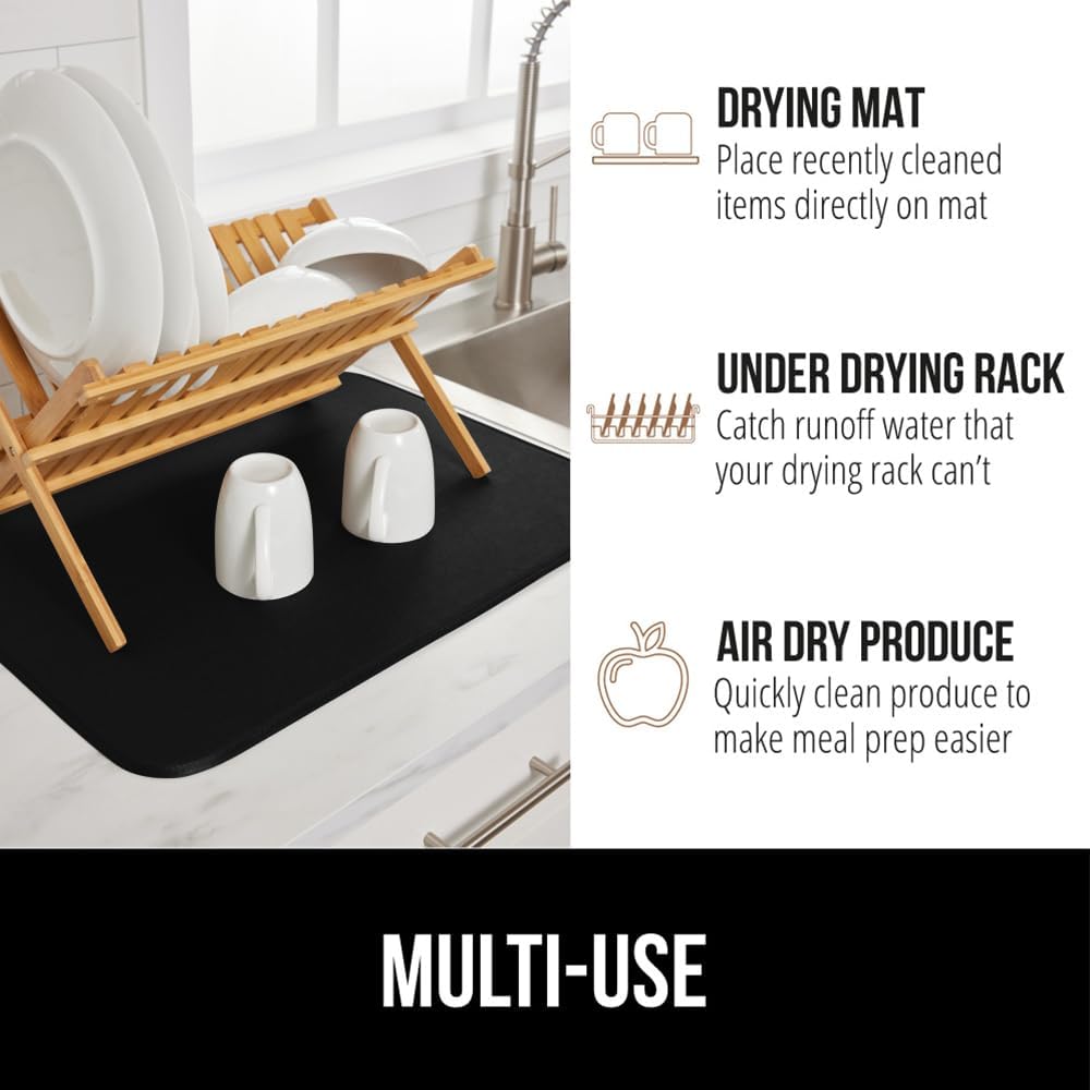 GORILLA GRIP Ultra Water Absorbent Microfiber Dish Drying Mat, Quick Dry Thick Mesh, Slip Resistant Pad for Sink Dishes or Under Rack, Kitchen Counter Accessories, 16x18, Machine Wash Mats, Black