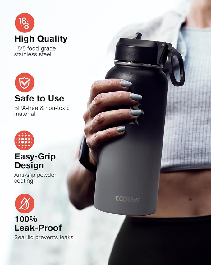 Water Bottle 32 oz Insulated with Straw, Coolflask Stainless Steel Metal 3 Lids Water Flask Wide Mouth for Sports or Office, Non-BPA Keep Cold Up to 48 Hrs or Hot Up to 24 Hrs, Piano Night