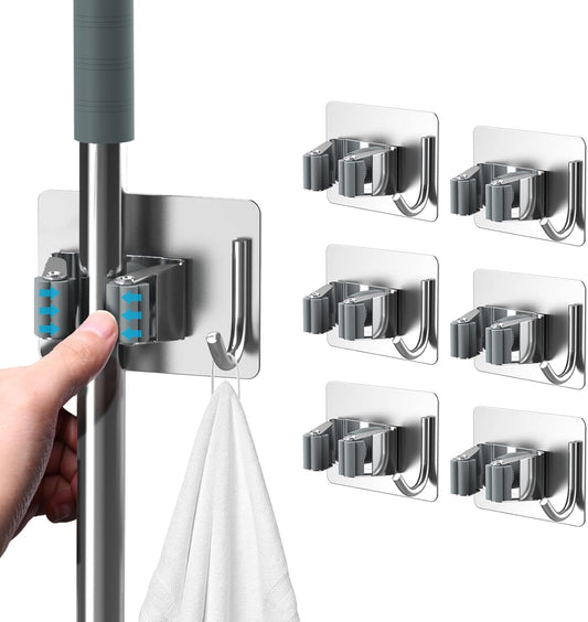 Mop Broom Holder No Drill, Mop Broom Organizer Wall Mounted Heavy Duty with Hooks Hanger, Self Adhesive Stainless Steel 4Pcs for Bathroom, Kitchen, Office (Silver)