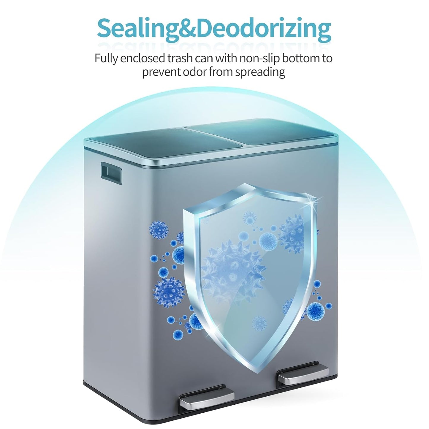 16 Gallon Rectangular Stainless Steel Trash Can, Dual Compartment Garbage Bin with Recycling Combo, Metal Dustbin Lid, Removable Liner, Indoor Hands Free Waste Bucket for Kitchen Home