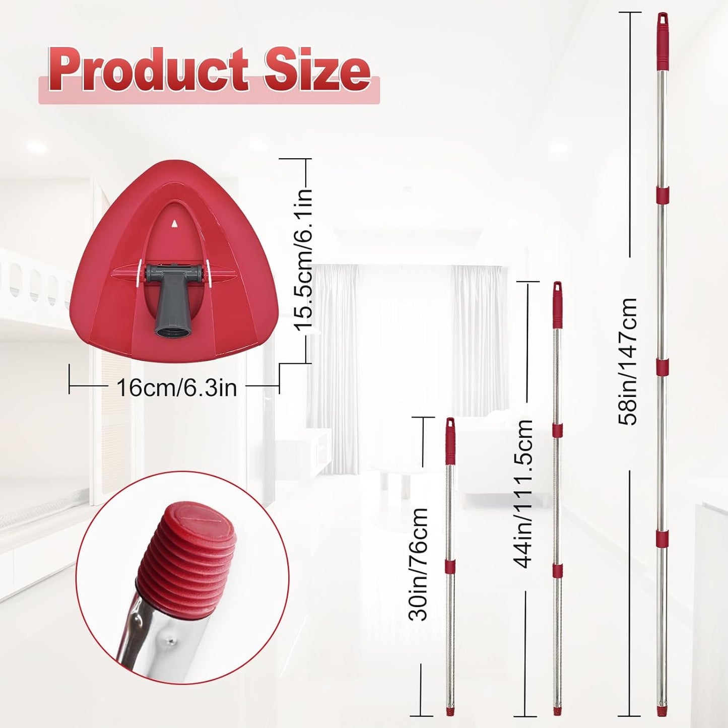 Mop Handle for Ocedar, Mop Handle for O Cedar, Spin Mop Replacement Handle for O Cedar, 4-Section Spin Mop Handles and Base for Ocedar, 30" to 58" Mop Stick Pole Handle and Base for Ocedar Spin Mop