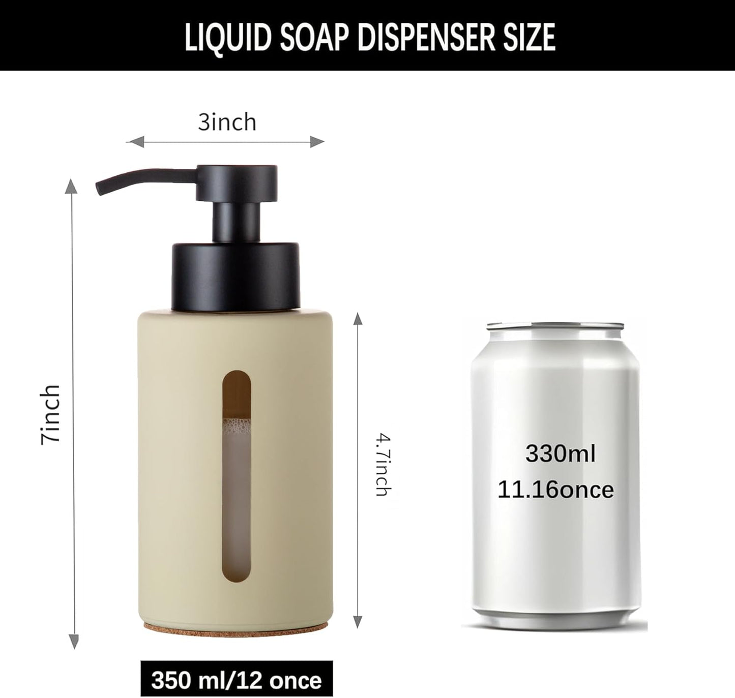 Enra Glass Lotion Dispenser with Window,12oz Bathroom Soap Dispenser Stainless Steel Lotion Hand Pump, Boho Liquid Soap Dispenser Countertop Lotion Bottle for Bathroom(Beige)