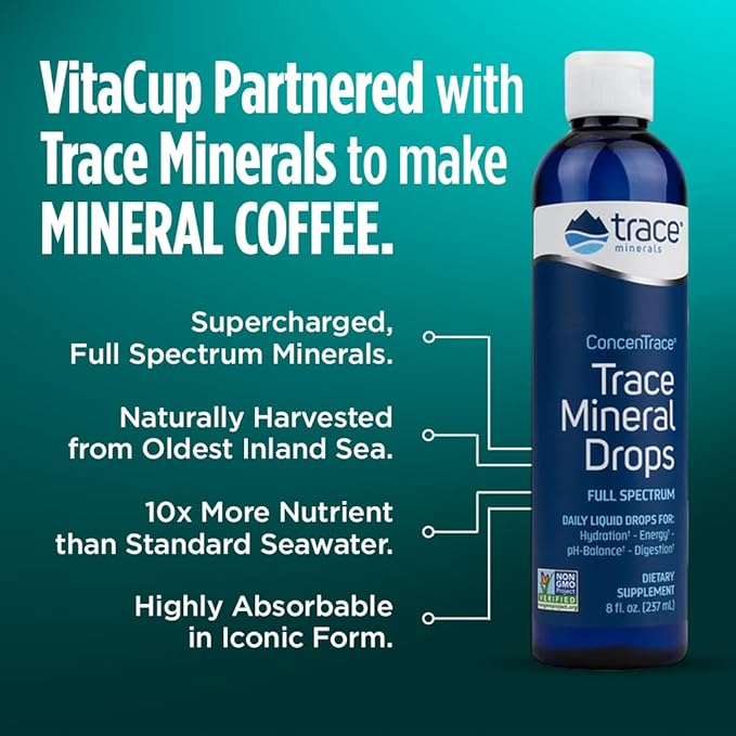 VitaCup Mineral Coffee with Trace Minerals, Hydrate, Replenish & Restore w/All Natural Sea Minerals, Electrolytes, Organic Coffee, Single Origin, Medium Dark Roast, Ground Coffee, 2 Bags 10oz Each