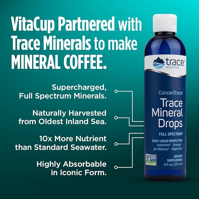 VitaCup Mineral Coffee with Trace Minerals, Hydrate, Replenish & Restore w/All Natural Sea Minerals, Electrolytes, Organic Coffee, Single Origin, Medium Dark Roast, Ground Coffee, 4 Bags 10oz Each