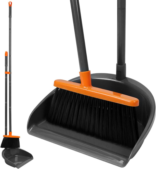 Long Handle Broom with Upright Standing Dustpan Combo for Office Home Kitchen Lobby Floor Cleaning