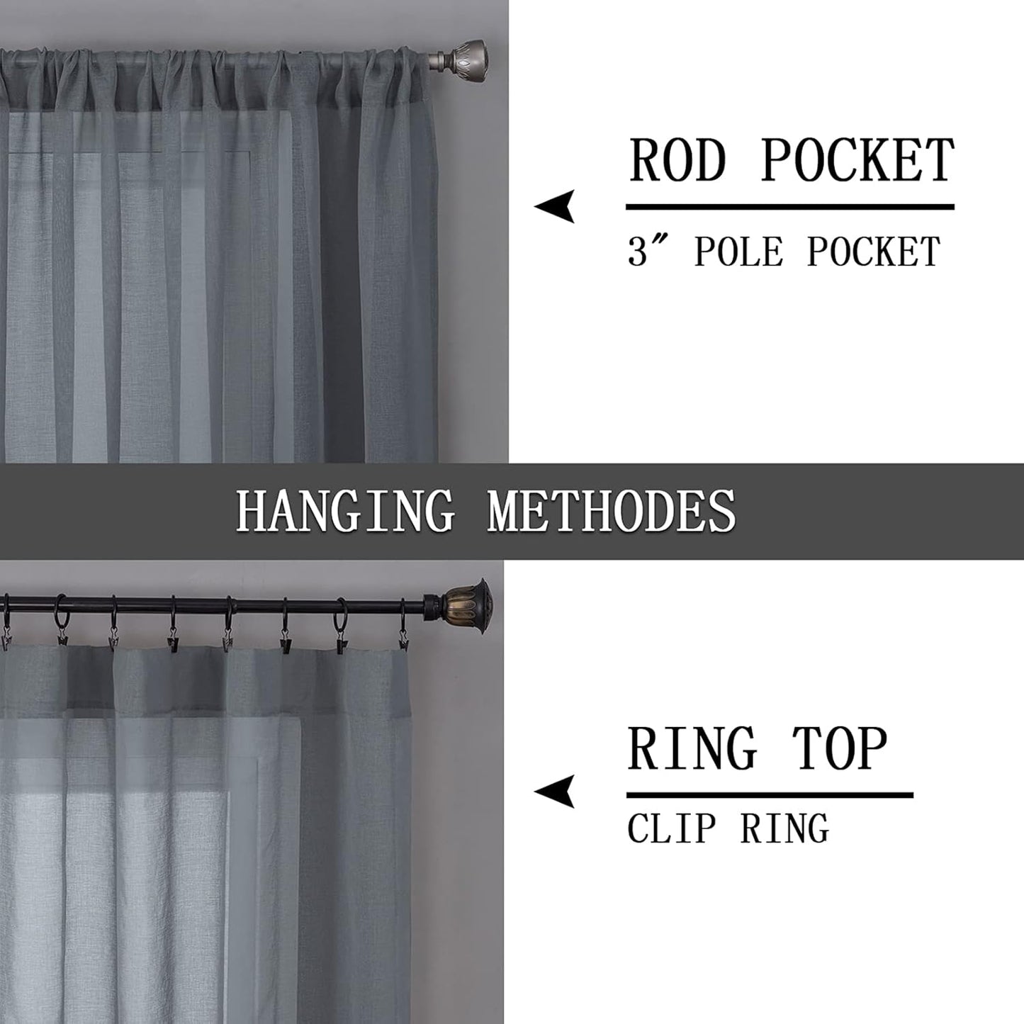 Tollpiz Sheer Curtains Linen Textured Bedroom Curtain Sheers Light Filtering Rod Pocket Voile Curtains for Living Room, 54 x 63 inches Long, Dark Grey, Set of 2 Panels