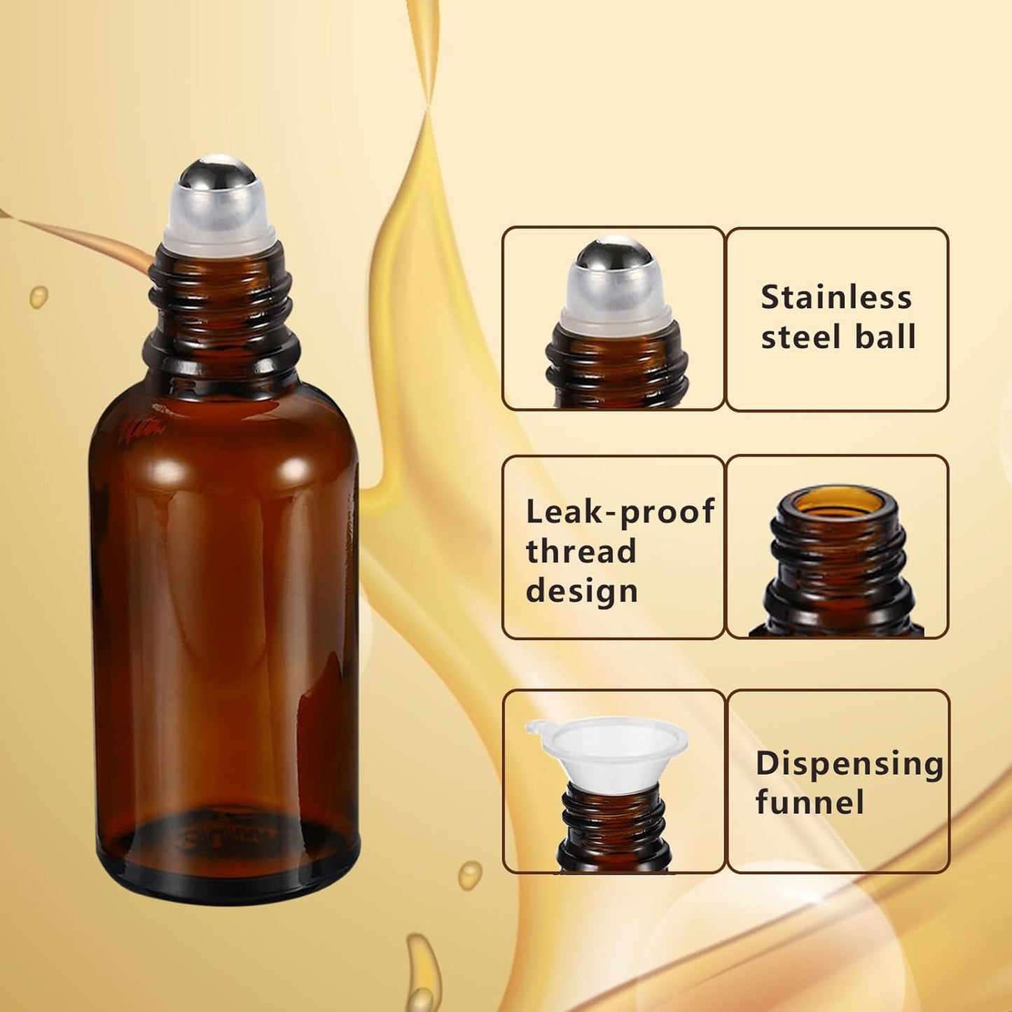 20ML Roller Bottles for Essential Oil, 4 Pack Empty Amber Glass Roller Bottle for Perfume Oil, Roll on Bottles with Stainless Steel Roller Balls, Opener, Funnel and Dropper