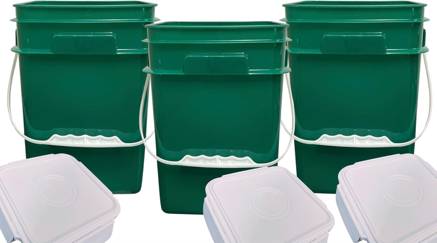 House Naturals 4 Gallon Square Food Grade Bucket Pail with Plastic Handles and Lid (Pack of 3) Made in USA containers (Dark Green)