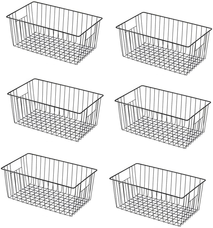 16" L x 12" W Wider Freezer Storage Organizer Baskets Container, Deep Metal Wire Chest Upright Refrigerator Divider Bins with Built-in Handles for Cabinet, Pantry, Kitchen, Black