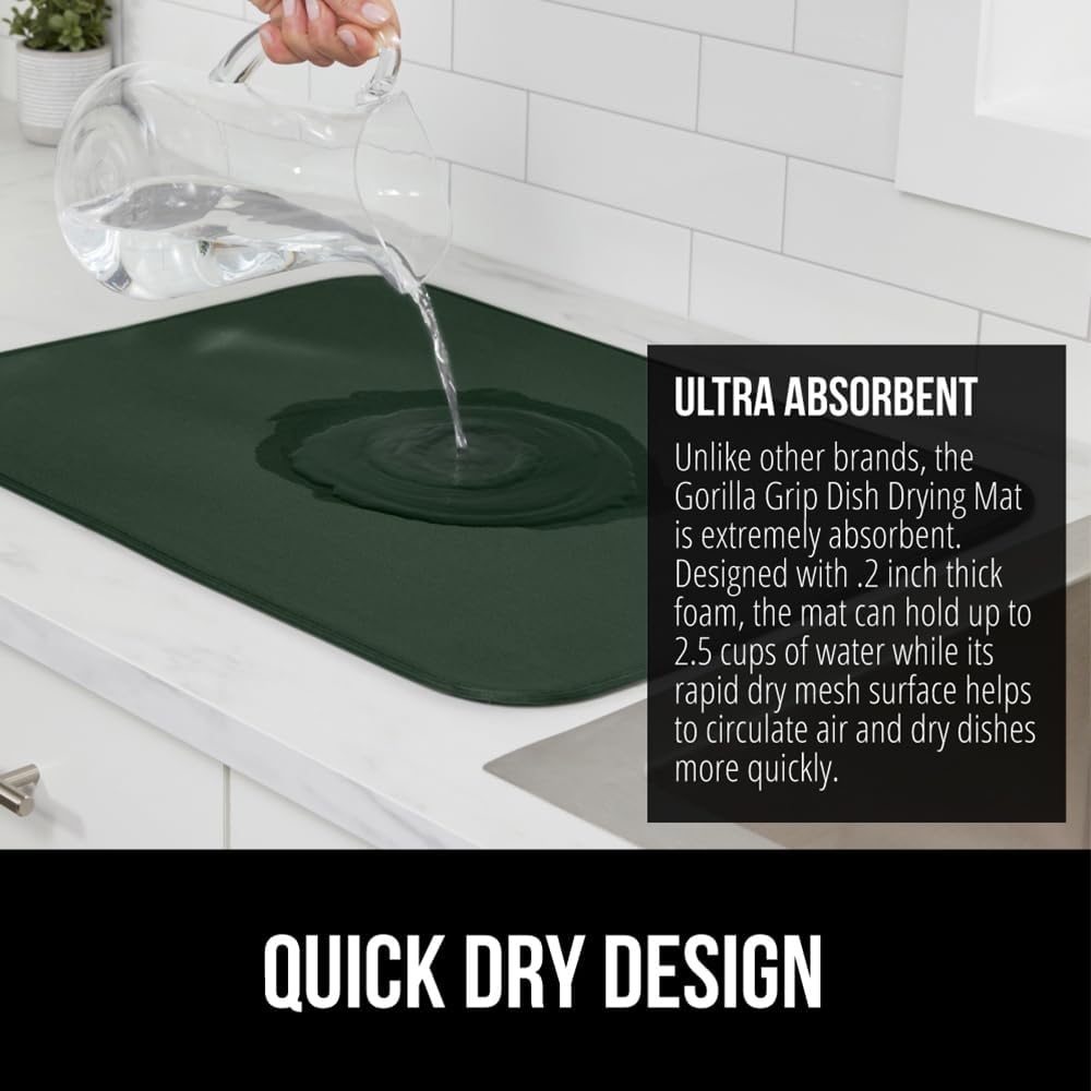 GORILLA GRIP Ultra Water Absorbent Microfiber Dish Drying Mat, 18x32, Quick Dry Thick Mesh, Slip Resistant Pad for Sink Dishes or Under Rack, Kitchen Counter Accessories, Machine Wash, Hunter Green