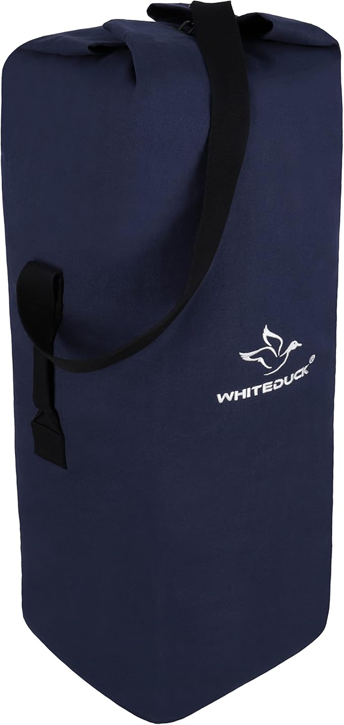 WHITEDUCK Top Load Canvas Folding Duffel Bag, Water Resistant Army Style Shoulder Bag for Men and Women- Gym, Sports, Travel, Hiking, Camping, Backpacking (Small 21" x 36",Blue)