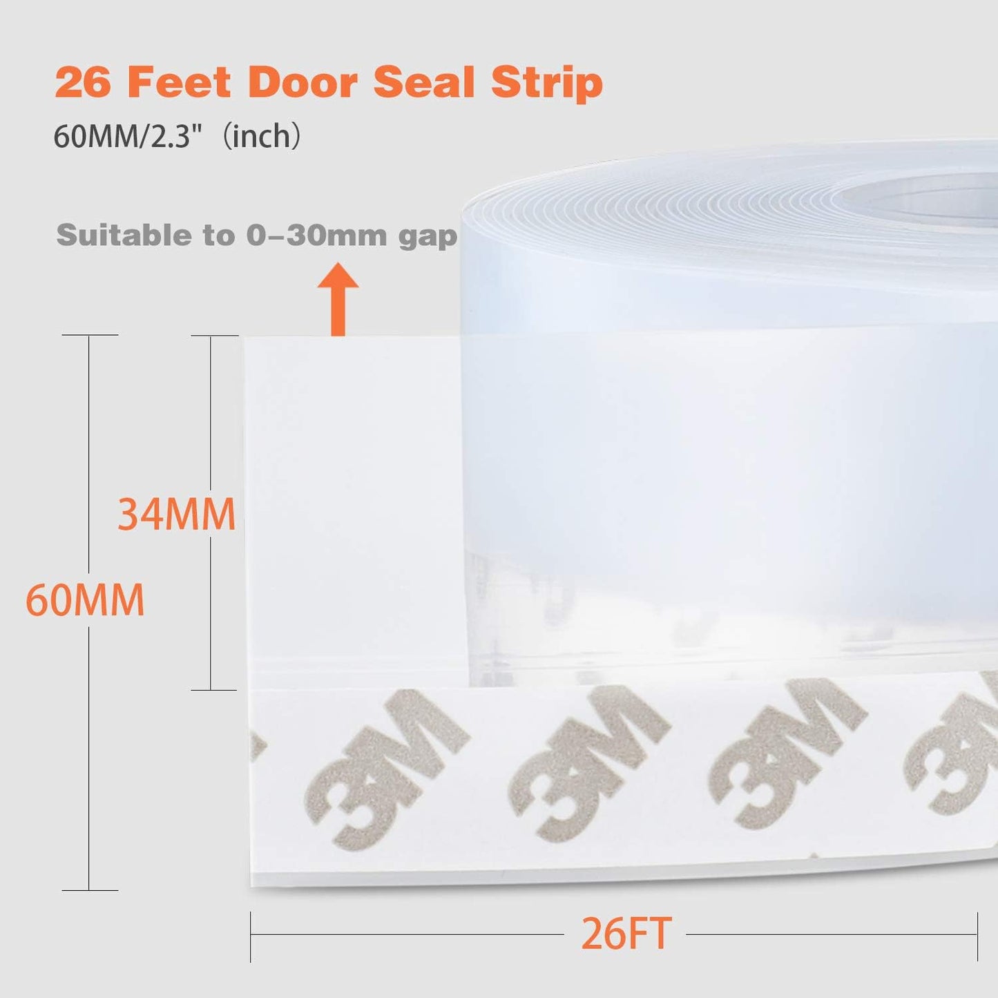 26 Feet Silicone Seal Strip, Transparent, 60MM - Door & Window Seal, Draft Stopper, Adhesive Tape for Doors, Windows & Shower Glass Gaps