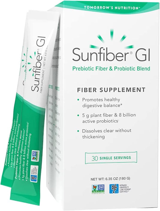 Tomorrow's Nutrition Sunfiber GI, Prebiotic Fiber & Probiotic Blend, 5g Prebiotic Fiber & 8 Billion Probiotics Per Serving, Low FODMAP, 30 Packets, Unflavored