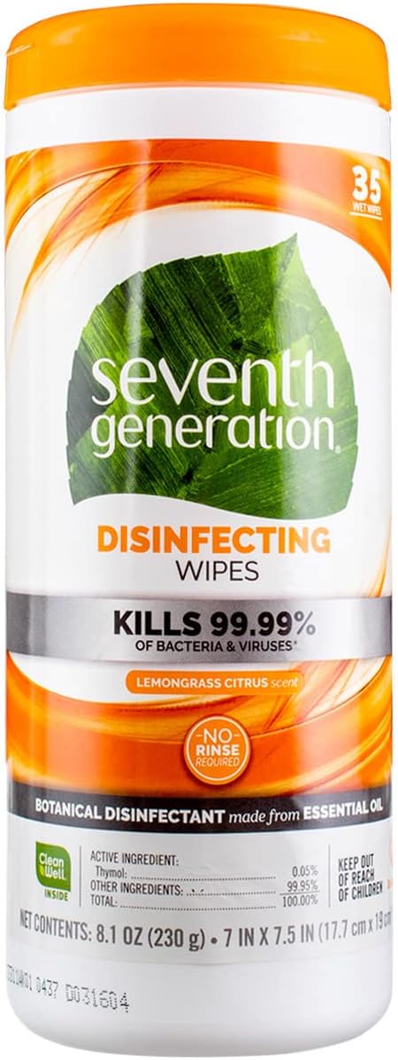 Seventh Generation Multi-Surface Disinfecting Wipes, Lemongrass Citrus, 8.1 oz, 35 Ct