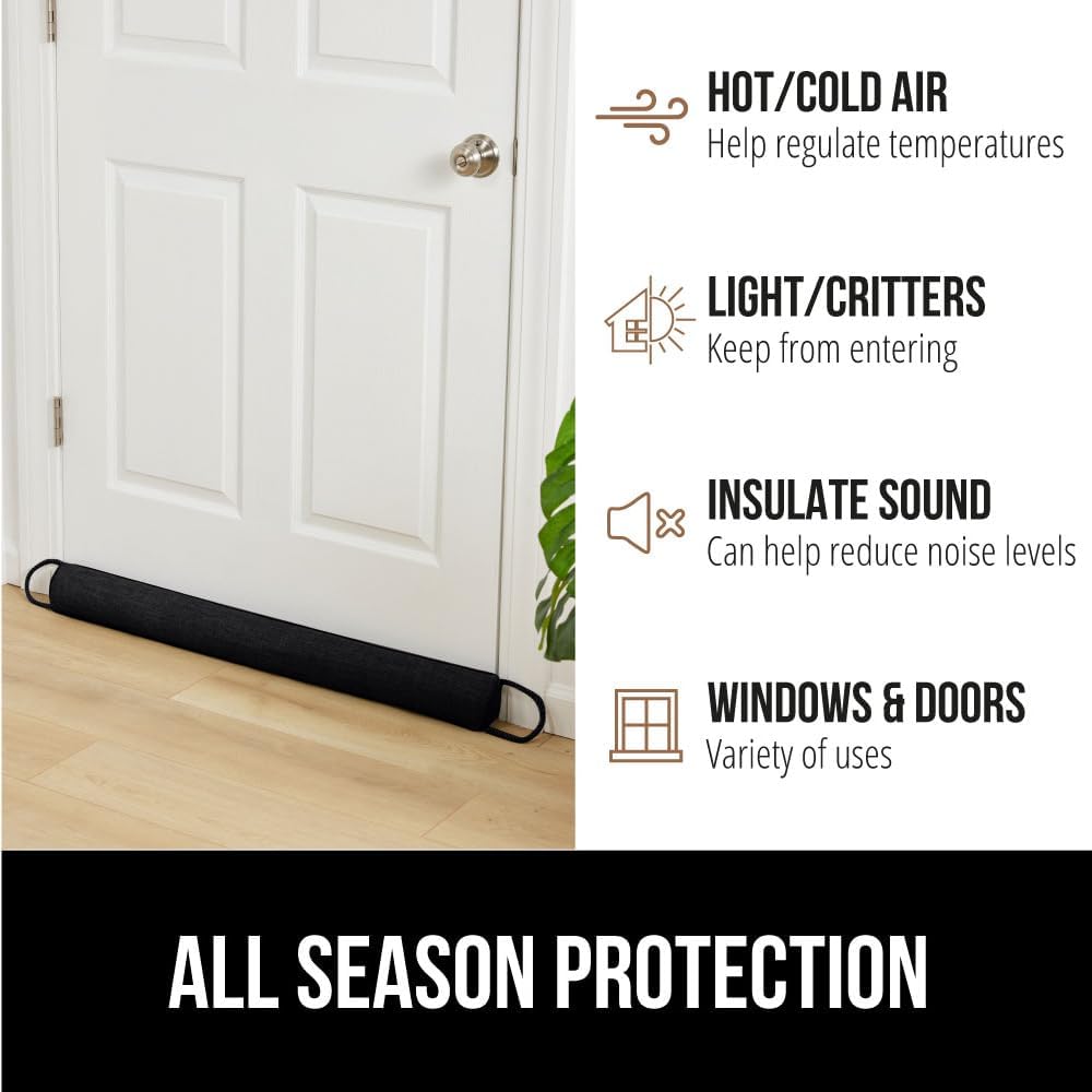 GORILLA GRIP Door Draft Stopper for Bottom of Doors, Weather Stripping Seal Blocks Hot Air, Noise, Bugs, Keeps Cold AC in, Sound Proofing Easy Install Gap Filler, Home Essentials, 34 Inch, Black