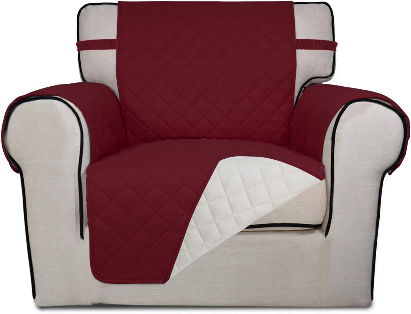 PureFit Reversible Quilted Sofa Cover, Water Resistant Slipcover Furniture Protector, Washable Couch Cover with Non Slip and Elastic Straps for Kids, Pets (Chair, Red/Ivory)