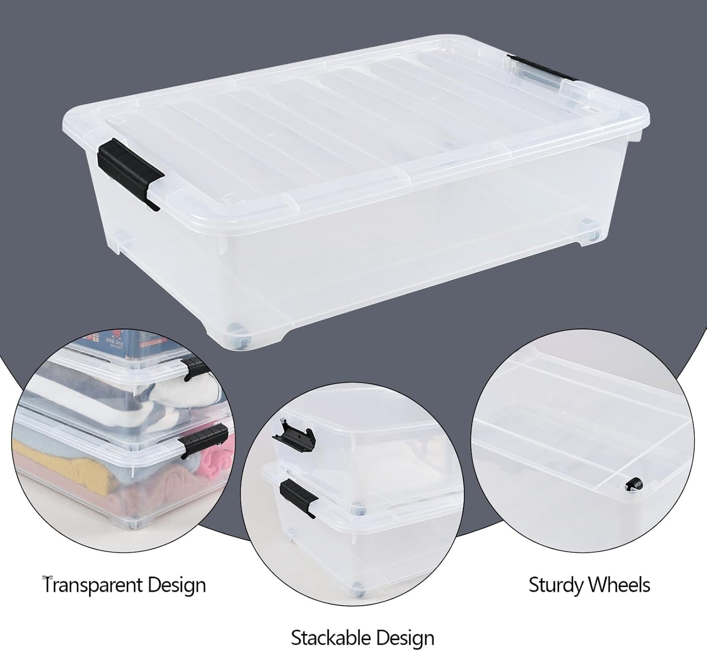 25 Quart Plastic Under Bed Storage Boxes, Wheeled UnderBed Storage Container, 3 Pack, Clear
