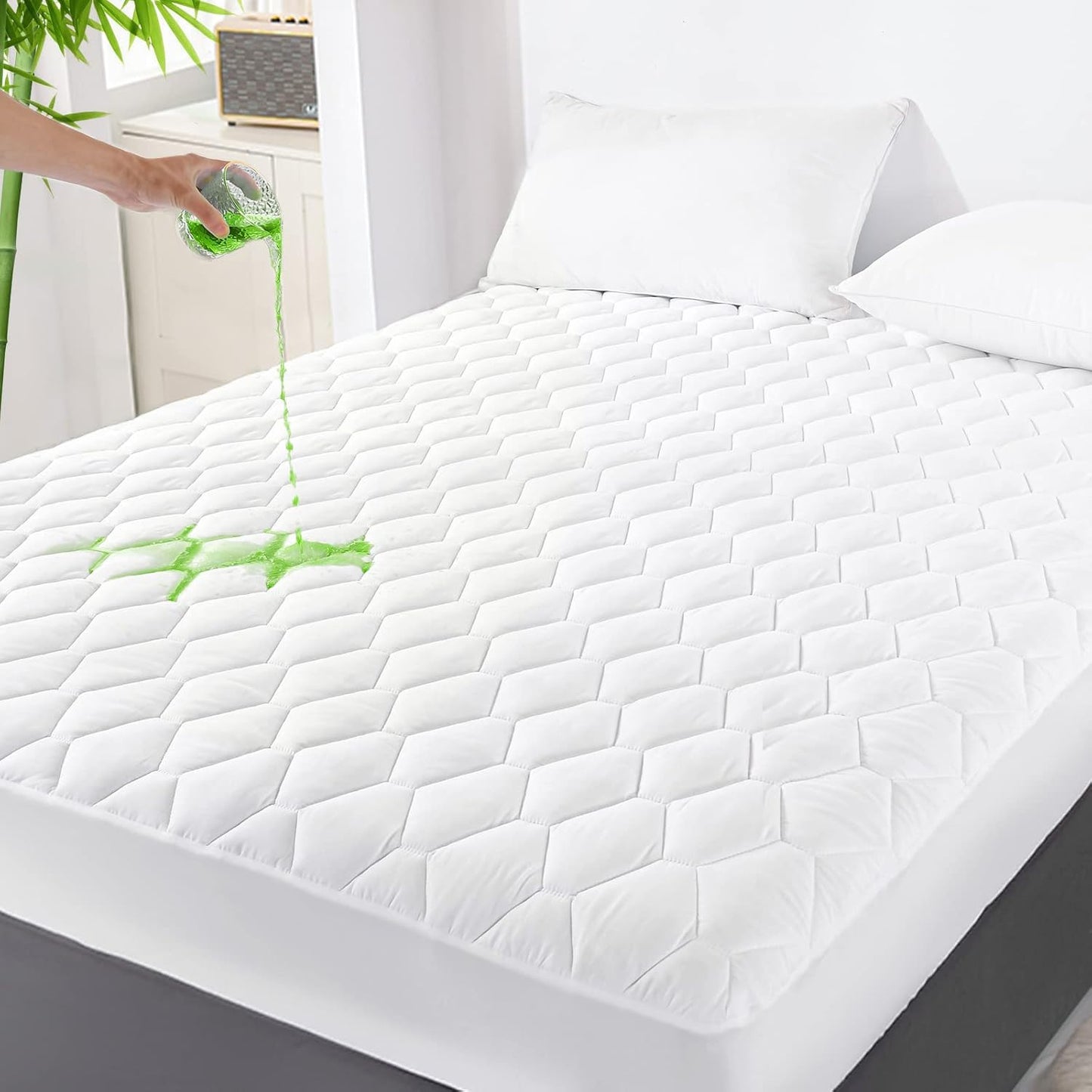 GRT Queen Mattress Protector Waterproof, Rayon from Bamboo, Cooling Quilted Fitted Mattress Pad, Noiseless Waterproof Mattress Cover, fits up to 21" Deep, Dust Proof White
