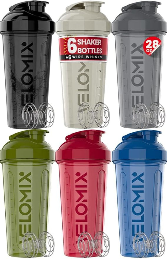'-6 PACK- Shaker Cups for Protein Shakes 28 oz - 6x Wire Whisk | Leak Proof Protein Shaker Bottle for Protein Shakes, Shaker Bottle Pack for Pre & Post Workout (Stealth Edition)