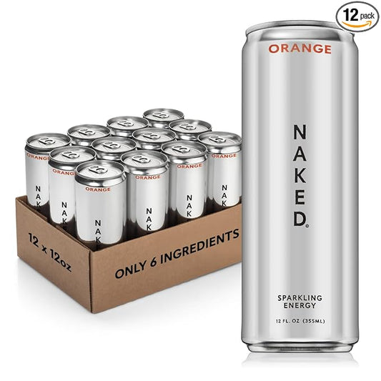 Naked Sparkling Energy Drink - Orange, Organic Caffeine, Organic Lemon Juice, Zero Sugar, No Sucralose, Naturally Sweetened, Natural Energy Drinks, Vegan, Gluten-Free, Non-GMO - 12oz Cans (Pack of 12)