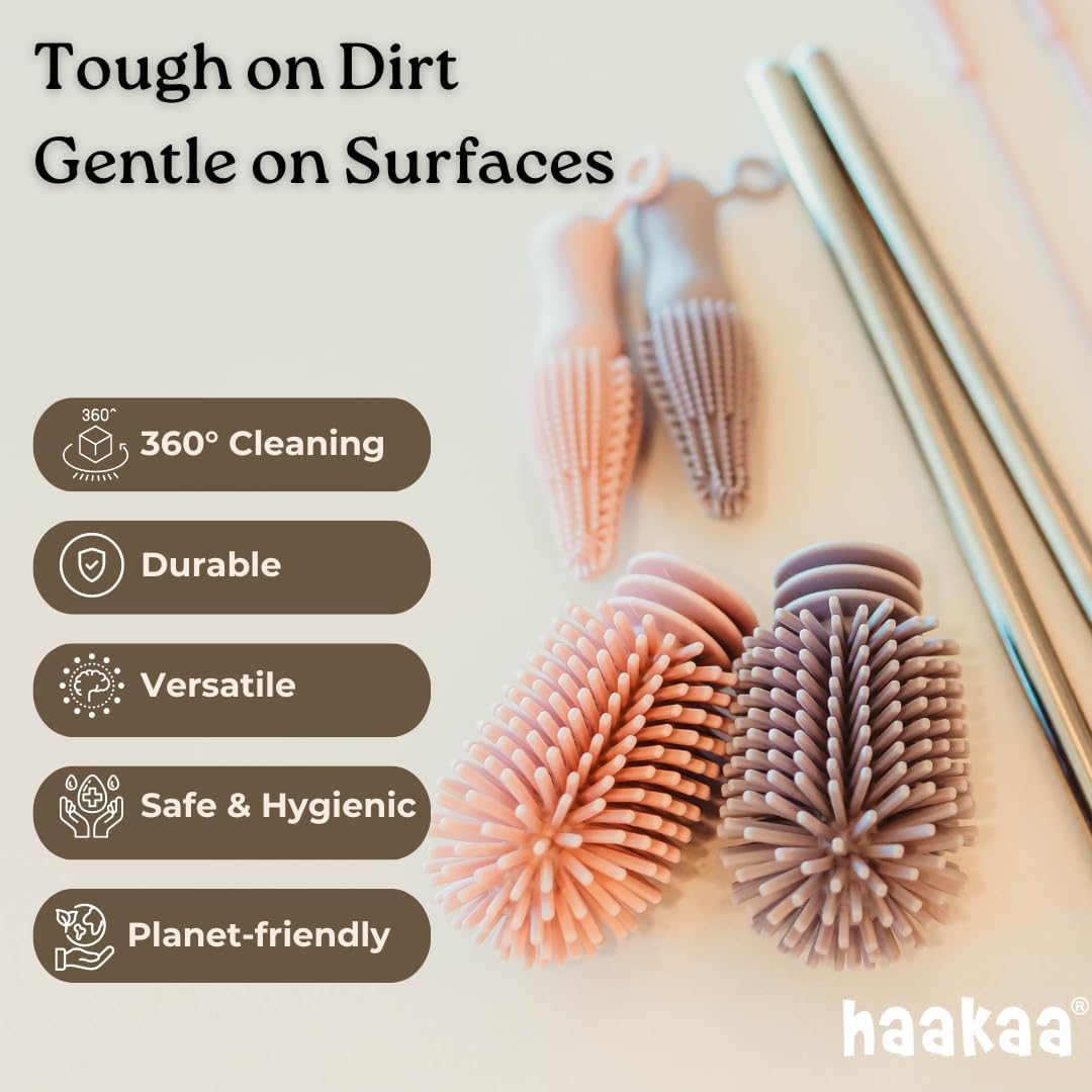 Haakaa Silicone Cleaning Brush Kit – Household Cleaning Brushes for Bottles and Crevices – Food-Grade Silicone: Dishwasher Safe (Brush-Blush)