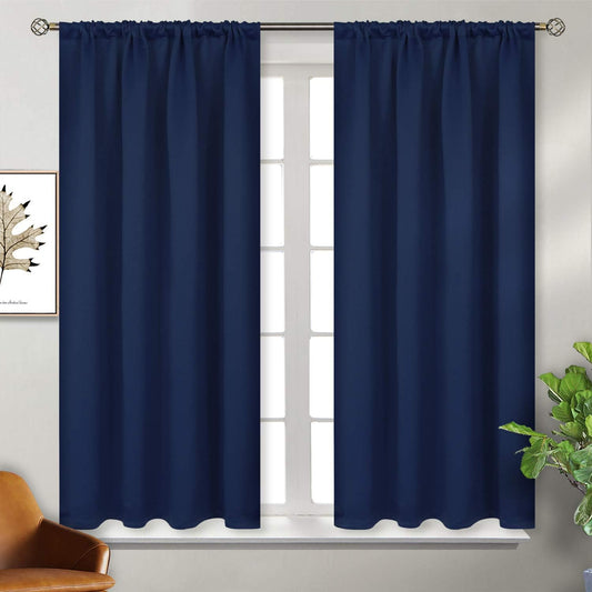 BGment Rod Pocket Blackout Curtains for Short Window - Thermal Insulated 52 Inches Width Room Darkening Curtain Drapes for Bedroom Kitchen, 52 x 45 Inch, 2 Panels, Navy Blue