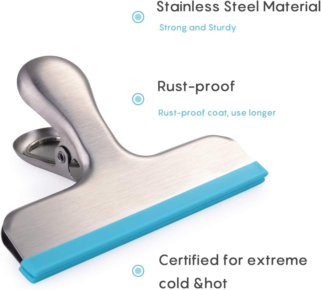 HOUSE AGAIN 12 Pack Stainless Steel Chip Bag Clips Covered with Silicone - NO More Sharp Edges - Color Coded for Food Bags - Air Tight Seal, Heavy Duty for Kitchen and Office, 3 Inches